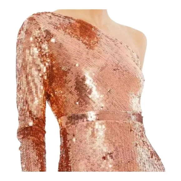 Mac Duggal Cognac Gold Sequin One-Shoulder Gown Size 8 - Picture 8 of 11